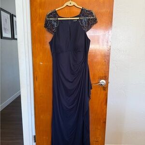 Xscape Navy Maxi Dress with Beaded Sheer Cap Sleeves